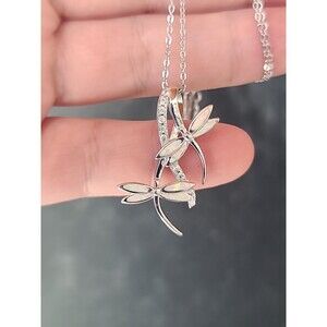 925 Sterling Silver Opal and CZ Dragonfly Pendant Necklace Vintage